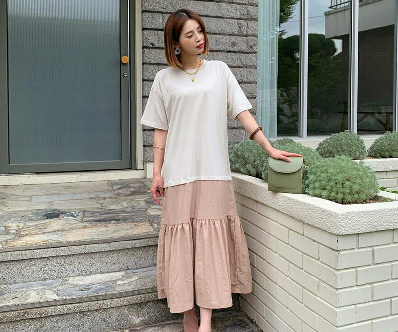 【只今10%OFF】フレア配色ワンピース・全2色・b55945 レディース【ops】【韓国 ファッション ワンピース ロング ロ