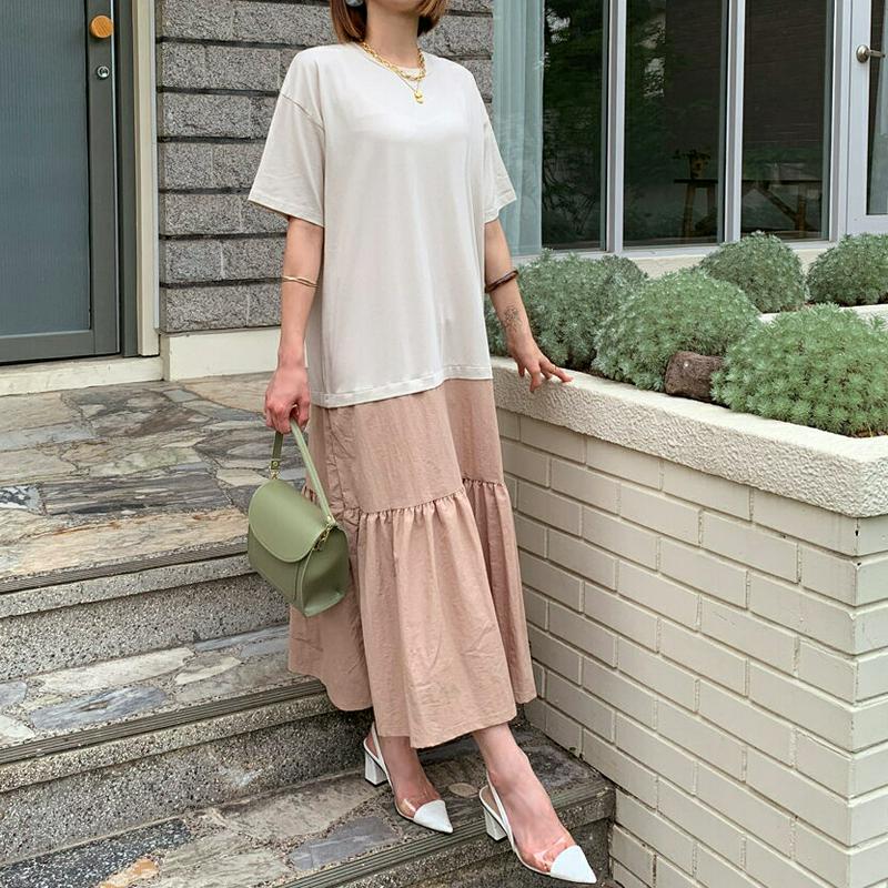 【只今10%OFF】フレア配色ワンピース・全2色・b55945 レディース【ops】【韓国 ファッション ワンピース ロング ロ