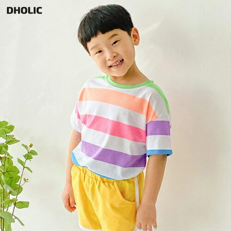 コットンカラフルボーダーTシャツ・u04165・キッズ 【3~8才】【tops】【韓国 ファッション トップス Tシャツ カット
