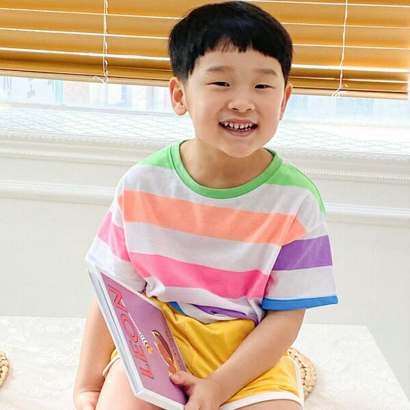 コットンカラフルボーダーTシャツ・u04165・キッズ 【3~8才】【tops】【韓国 ファッション トップス Tシャツ カット