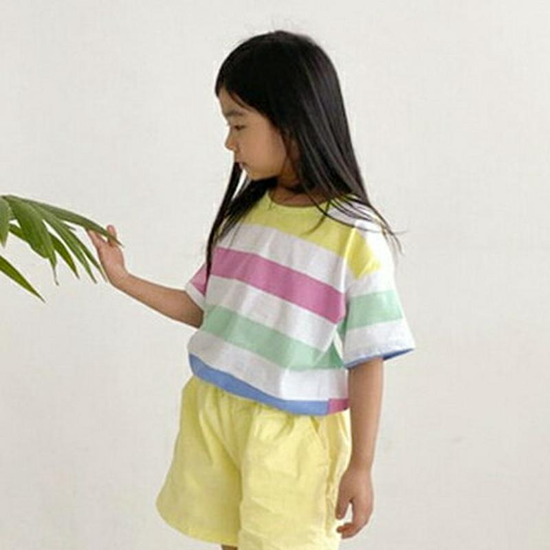 コットンカラフルボーダーTシャツ・u04165・キッズ 【3~8才】【tops】【韓国 ファッション トップス Tシャツ カット