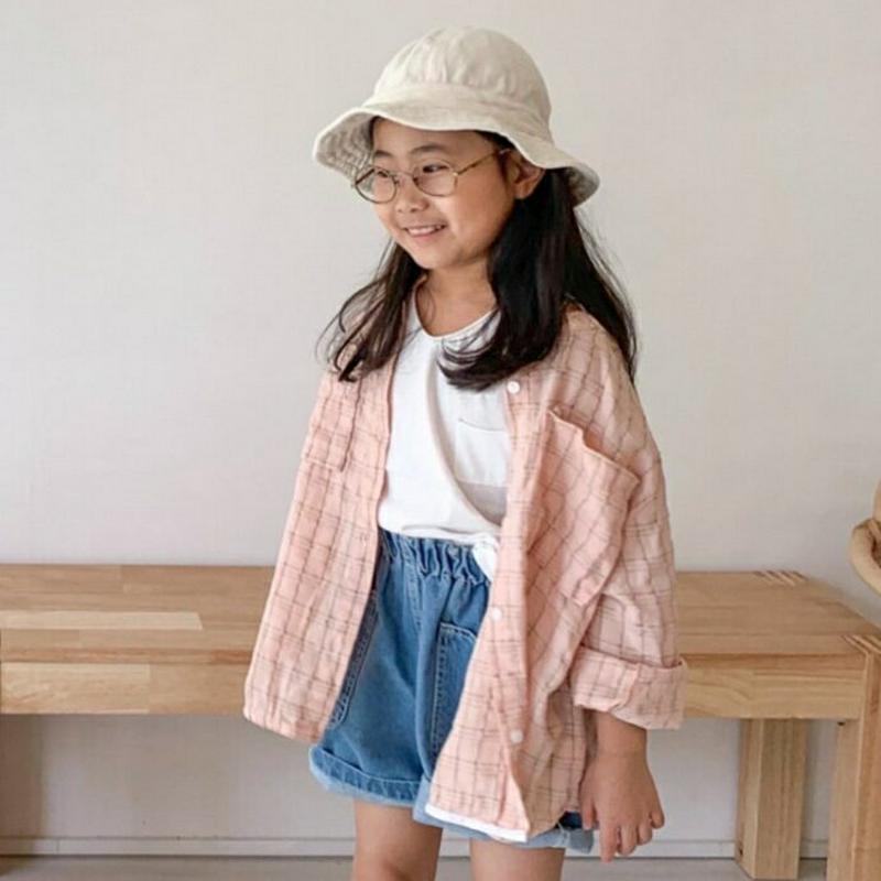 バンドカラーチェックシャツ・u04085・キッズ 【3~8才】【bl】【韓国 ファッション トップス シャツ ノーカラー ボタン