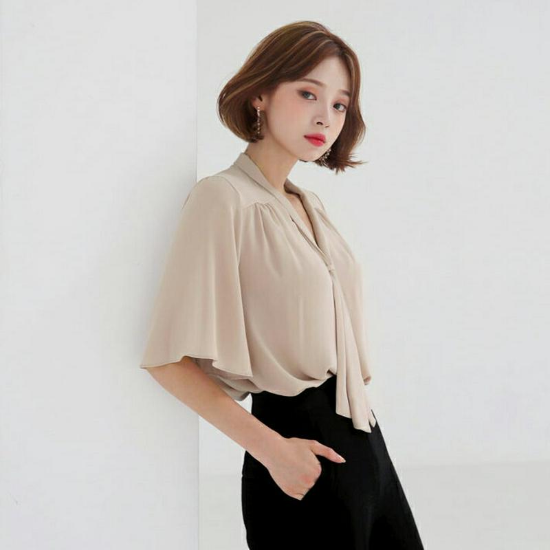 ≪人気商品再入荷≫リボンフレアスリーブブラウス・全4色・t56454 レディース【bl】 ベージュ 韓国ファッション トップス ブラウス 半袖 ハーフスリーブ フレアスリーブ 上品 きれいめ オフィスカジュアル パステル 二の腕カバー ストレート 春 夏