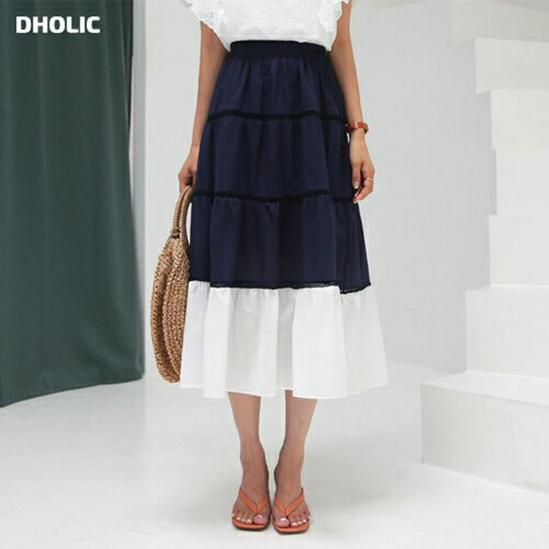 コントラストティアードスカート・全3色・56461 レディース【sk】【韓国 ファッション スカート ミディ丈 ミディスカート 