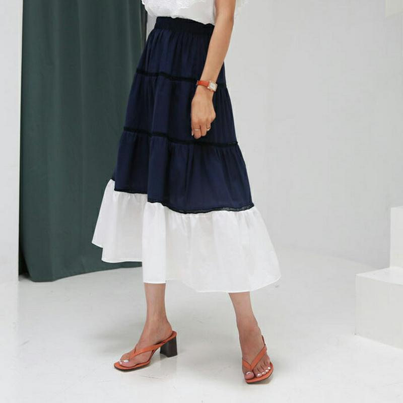コントラストティアードスカート・全3色・56461 レディース【sk】【韓国 ファッション スカート ミディ丈 ミディスカート 