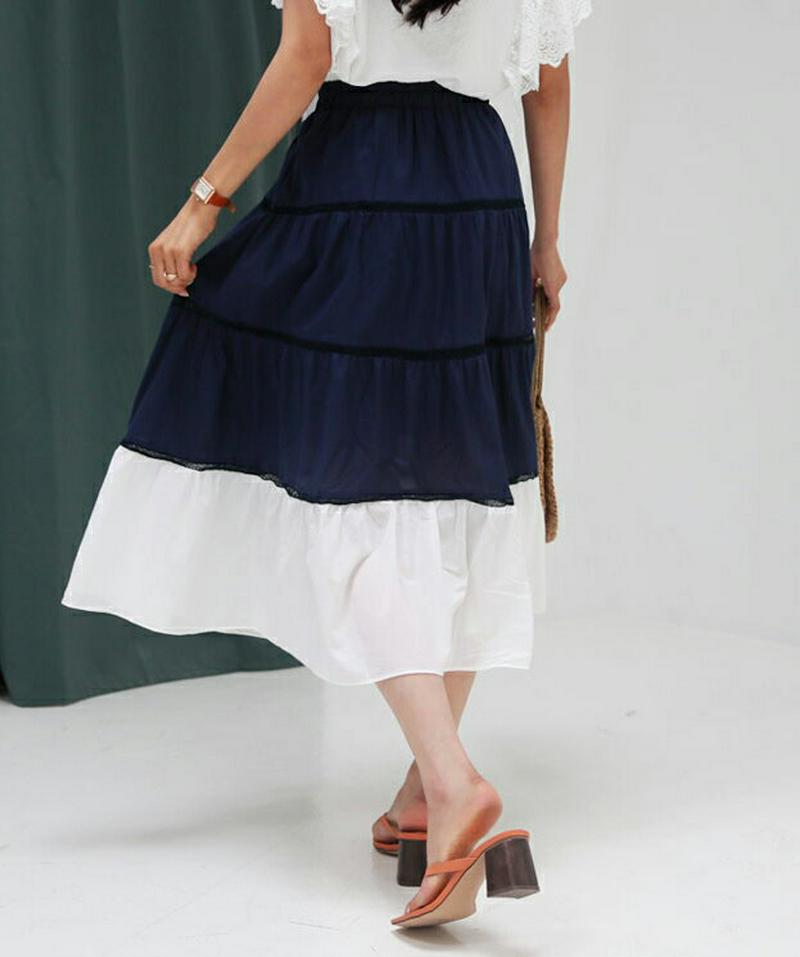 コントラストティアードスカート・全3色・56461 レディース【sk】【韓国 ファッション スカート ミディ丈 ミディスカート 