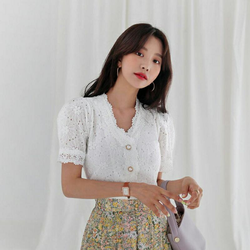 パールボタンレースパフブラウス・全2色・b56451 レディース【tops】【韓国 ファッション トップス　半袖　ハーフスリーブ