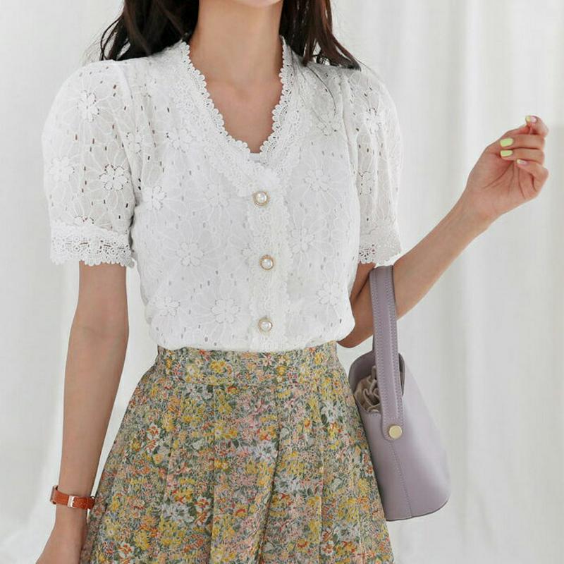 パールボタンレースパフブラウス・全2色・b56451 レディース【tops】【韓国 ファッション トップス　半袖　ハーフスリーブ