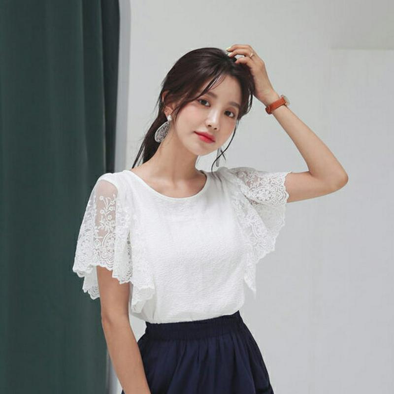 フレアレーススリーブTシャツ・全2色・b56460 レディース【tops】【韓国 ファッション トップス Tシャツ 半袖 透け感