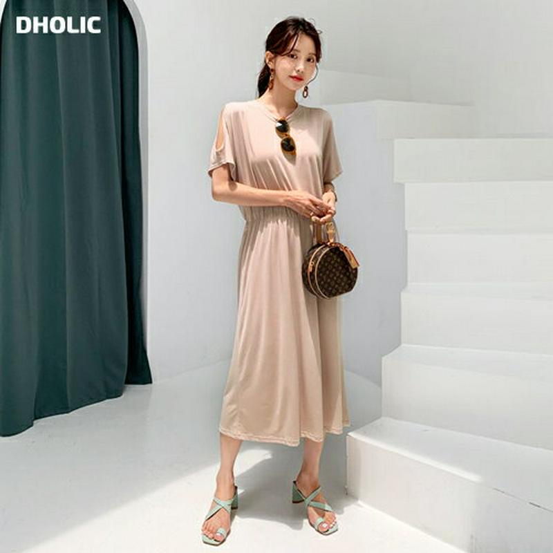 ショルダースリットワンピース・全4色・b56455 レディース【ops】【韓国 ファッション ウエストがゴム　体型カバー　半袖　