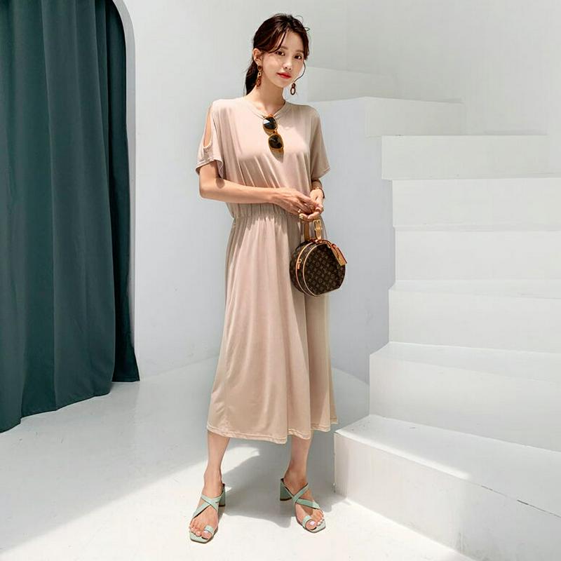 ショルダースリットワンピース・全4色・b56455 レディース【ops】【韓国 ファッション ウエストがゴム　体型カバー　半袖　