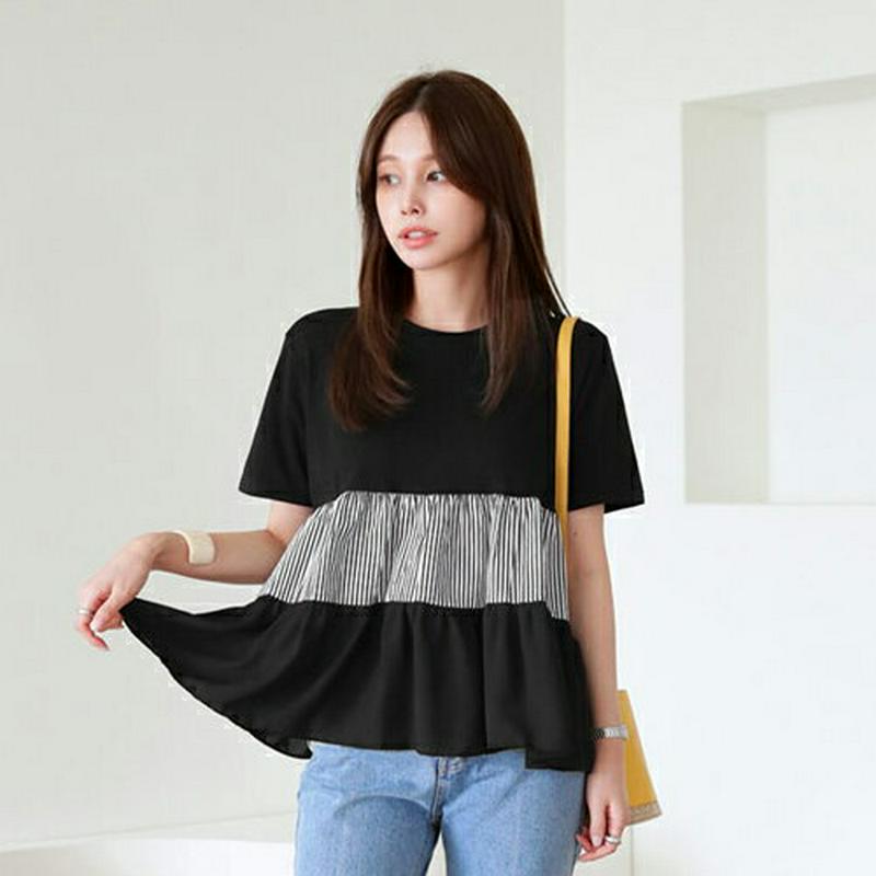 ストライプティアードTシャツ・全2色・b62954 レディース【tops】【韓国 ファッション トップス Tシャツ ティアード 
