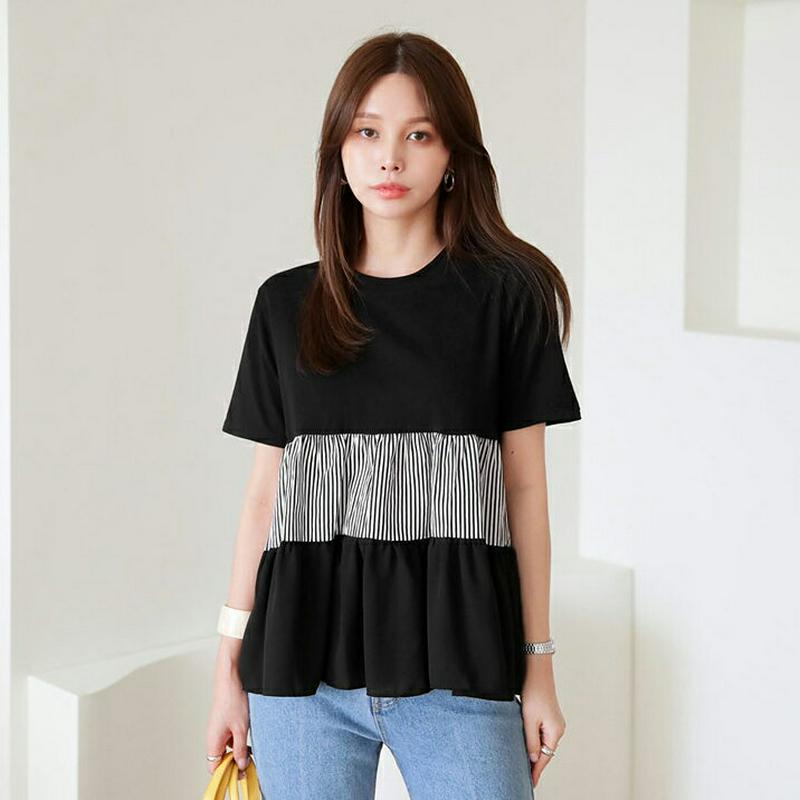 ストライプティアードTシャツ・全2色・b62954 レディース【tops】【韓国 ファッション トップス Tシャツ ティアード 
