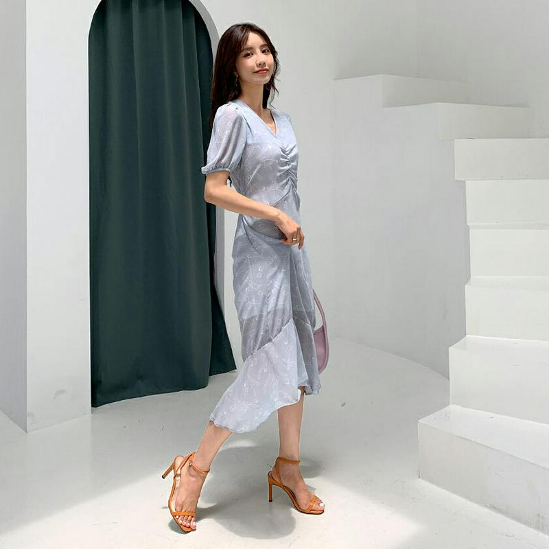 ギャザーフローラルワンピース・全3色・t56469 レディース【ops】【韓国 ファッション　Vネック　ギャザー　半袖　ハーフス