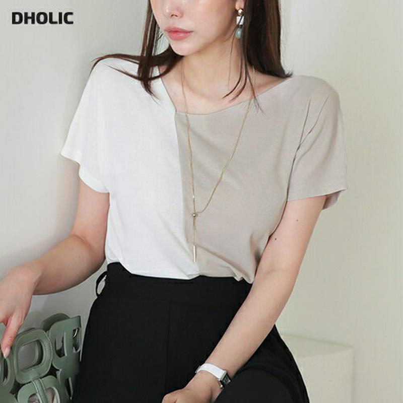 アシメ配色Tシャツ・全2色・t62956 レディース【tops】【韓国 ファッション トップス Tシャツ 半袖 アシメ アシンメ