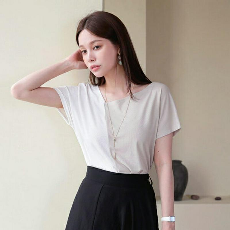 アシメ配色Tシャツ・全2色・t62956 レディース【tops】【韓国 ファッション トップス Tシャツ 半袖 アシメ アシンメ
