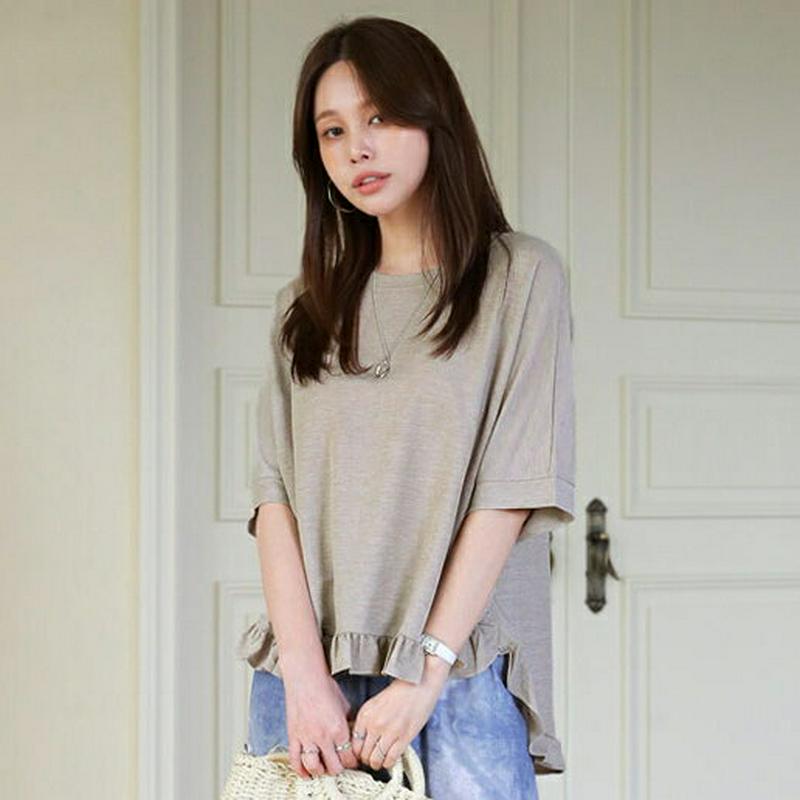 アンバランスフリルヘムTシャツ・全3色・t62955 レディース【tops】【韓国 ファッション トップス Tシャツ 七分丈 七