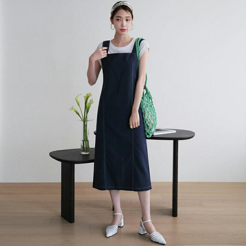 スクエアステッチワンピース・全2色・t62962 レディース【ops】【韓国 ファッション ワンピース ミディ丈 ミディワンピー