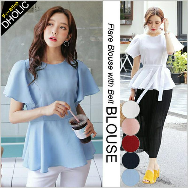 ≪人気商品再入荷≫ストラップ付スリットフレアスリーブブラウス・全5色 b49003 レディース【bl】 人気 トップス 半袖 フリル オフィスカジュアル 上品 エレガント 水色 ウエストマーク ピンク 二の腕カバー 無地 夏 ハイホリHIHOLLI