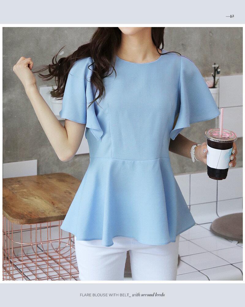 ≪人気商品再入荷≫ストラップ付スリットフレアスリーブブラウス・全5色 b49003 レディース【bl】 人気 トップス 半袖 フリル オフィスカジュアル 上品 エレガント 水色 ウエストマーク ピンク 二の腕カバー 無地 夏 ハイホリHIHOLLI