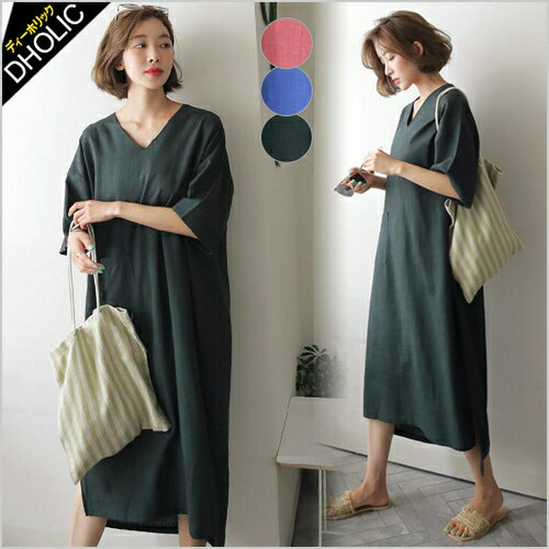≪人気商品再入荷≫ワンポケットVネックワンピース・全3色・b52873 レディース【ops】ロングワンピース ロング ワンピース リネン 半袖 シンプル 無地 ゆったり 体型カバー マタニティ 夏 ハイホリHIHOLLI