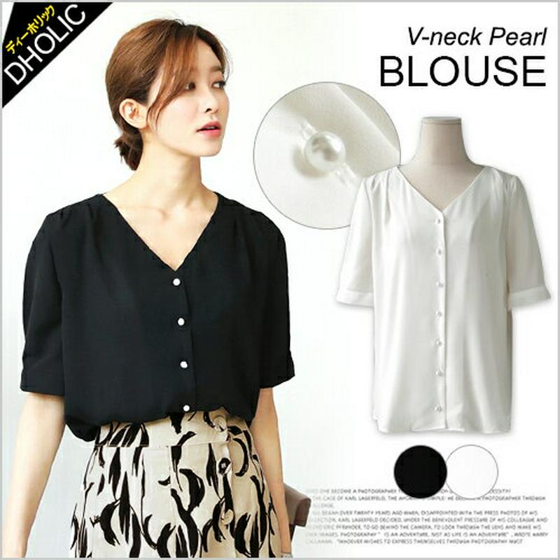 ≪人気商品再入荷≫パールボタンVネックブラウス・全2色・t52741 レディース【bl】 人気 トップス ブラウス 半袖 Vネック パールボタン パール 大人 カジュアル デコルテ 夏 ハイホリHIHOLLIbl企画