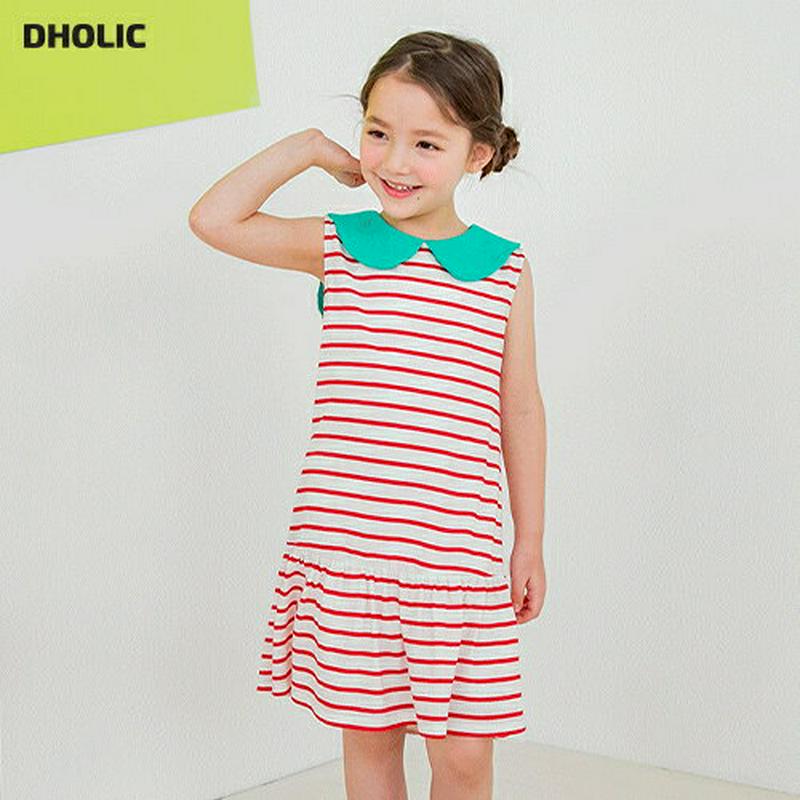 ラウンドカラーボーダーワンピース(レッド) p003582・キッズ 【3~8才】【ops】【韓国 ファッション ワンピース ミデ