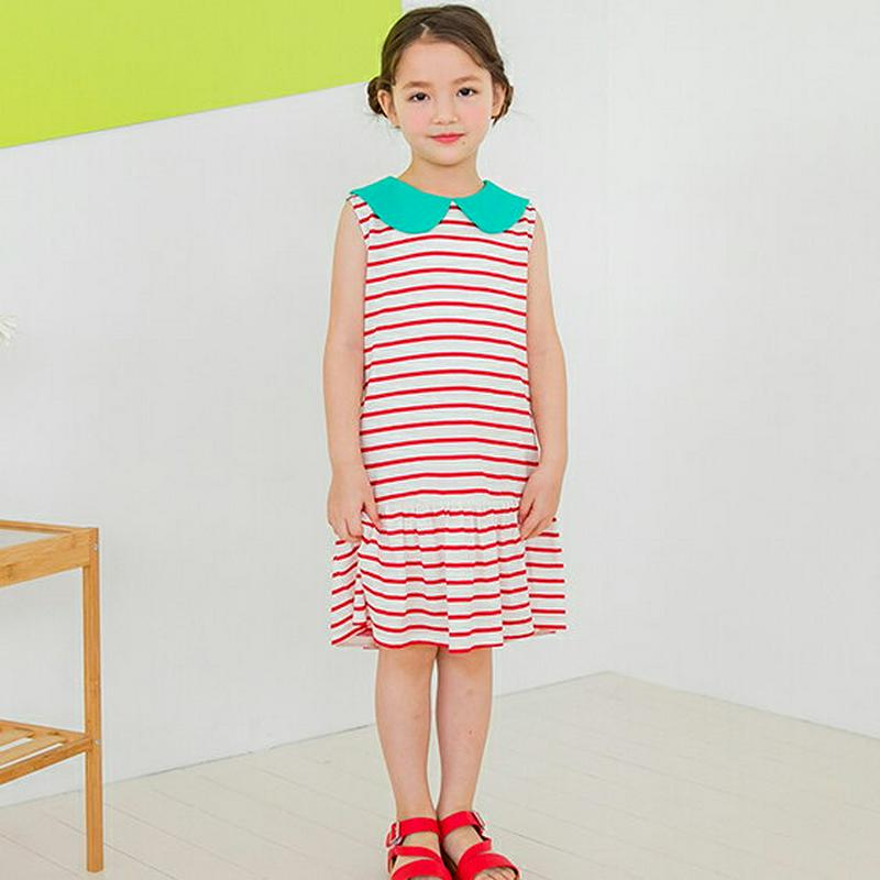 ラウンドカラーボーダーワンピース(レッド) p003582・キッズ 【3~8才】【ops】【韓国 ファッション ワンピース ミデ