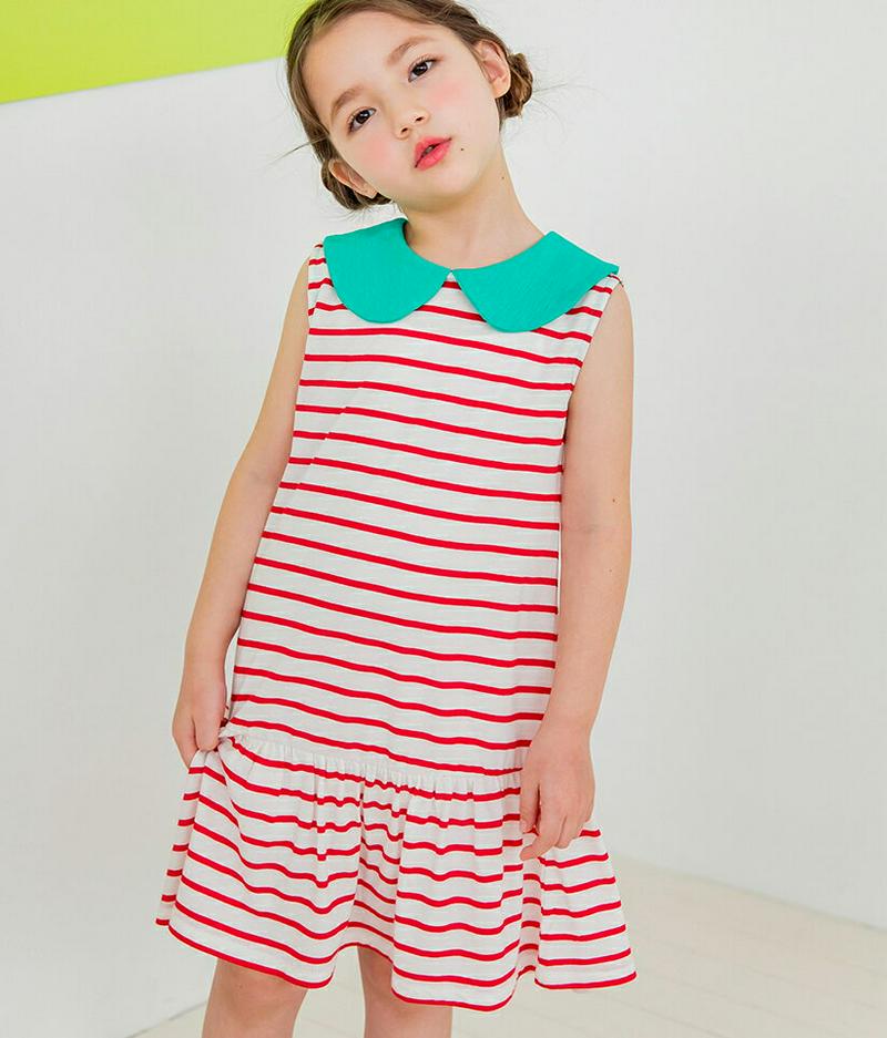 ラウンドカラーボーダーワンピース(レッド) p003582・キッズ 【3~8才】【ops】【韓国 ファッション ワンピース ミデ