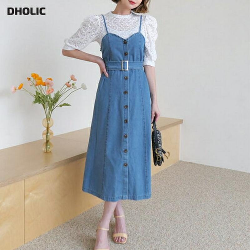 【新作10%OFF】レースブラウス&ベルト付デニムワンピースSET・全1色・b60333 レディース【ops】【韓国 ファッショ