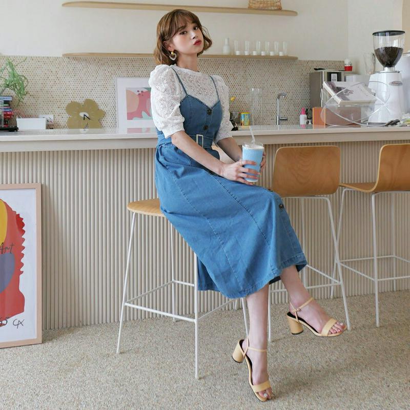 【新作10%OFF】レースブラウス&ベルト付デニムワンピースSET・全1色・b60333 レディース【ops】【韓国 ファッショ