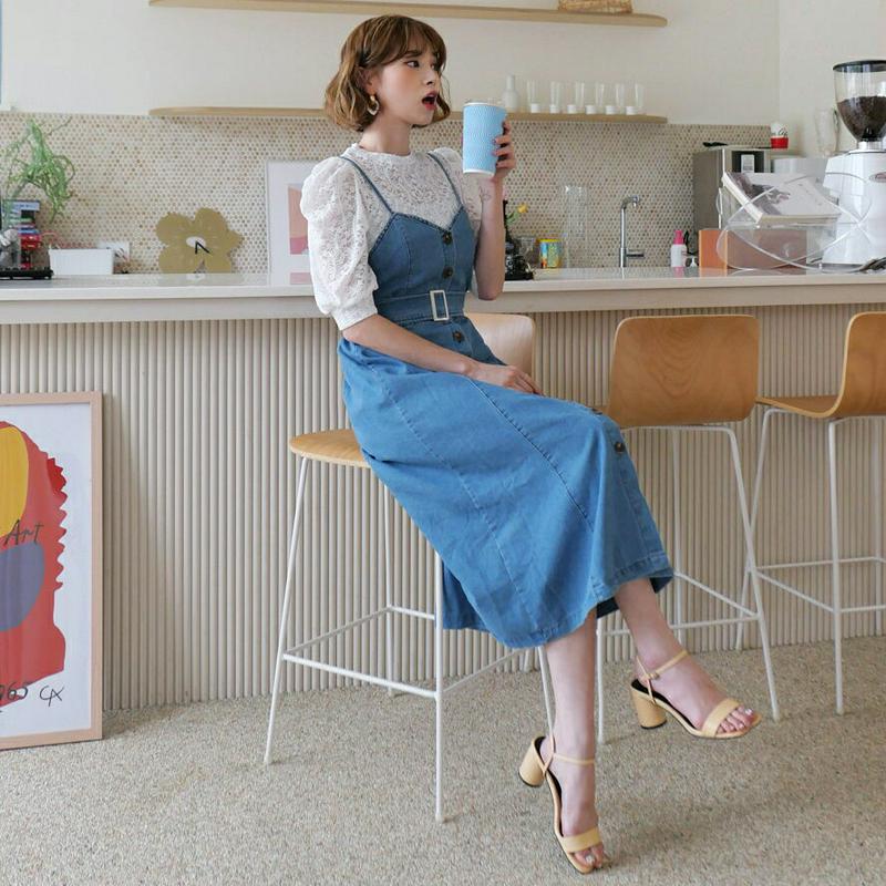 【新作10%OFF】レースブラウス&ベルト付デニムワンピースSET・全1色・b60333 レディース【ops】【韓国 ファッショ