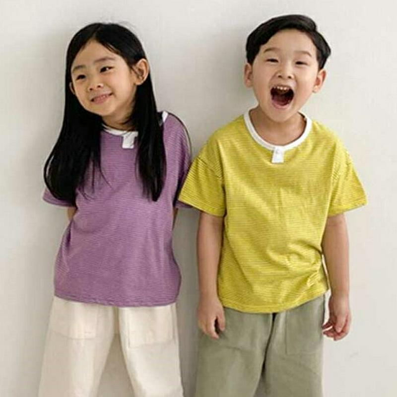 【只今20%OFF】ボタンポイントボーダーTシャツ・u04162・キッズ 【3~8才】【tops】【韓国 ファッション トップス