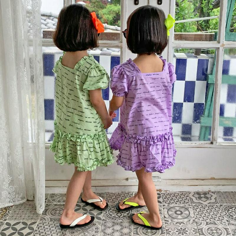 【只今20%OFF】レタリングフリルパフワンピース u03298・キッズ 【3~8才】【ops】【韓国 ファッション ワンピース