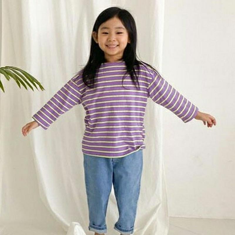 【只今20%OFF】7分丈ボーダーTシャツ・u04178・キッズ 【3~8才】【tops】【韓国 ファッション トップス Tシャ