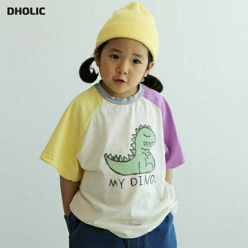 【只今20%OFF】DINO配色スリーブTシャツ u03157・キッズ 【3~8才】【tops】【韓国 ファッション トップス 