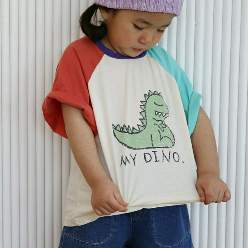 【只今20%OFF】DINO配色スリーブTシャツ u03157・キッズ 【3~8才】【tops】【韓国 ファッション トップス 