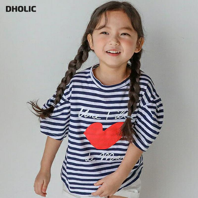 【只今20%OFF】リップハートボーダーTシャツ u03129・キッズ 【3~8才】【tops】【韓国 ファッション トップス 