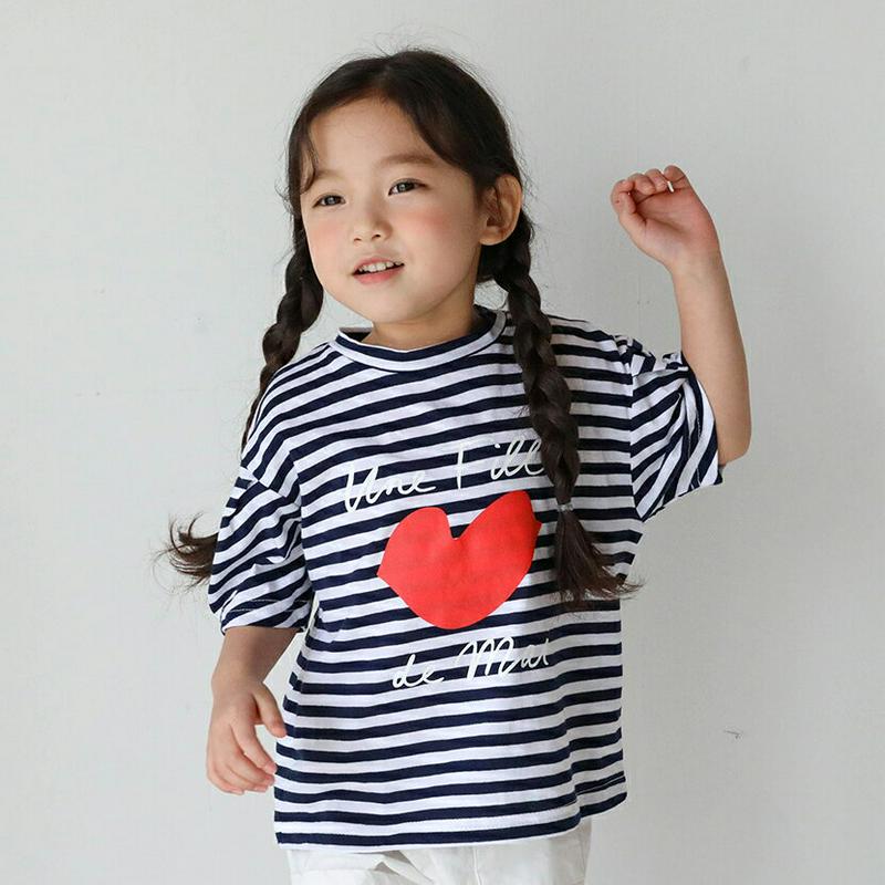 【只今20%OFF】リップハートボーダーTシャツ u03129・キッズ 【3~8才】【tops】【韓国 ファッション トップス 