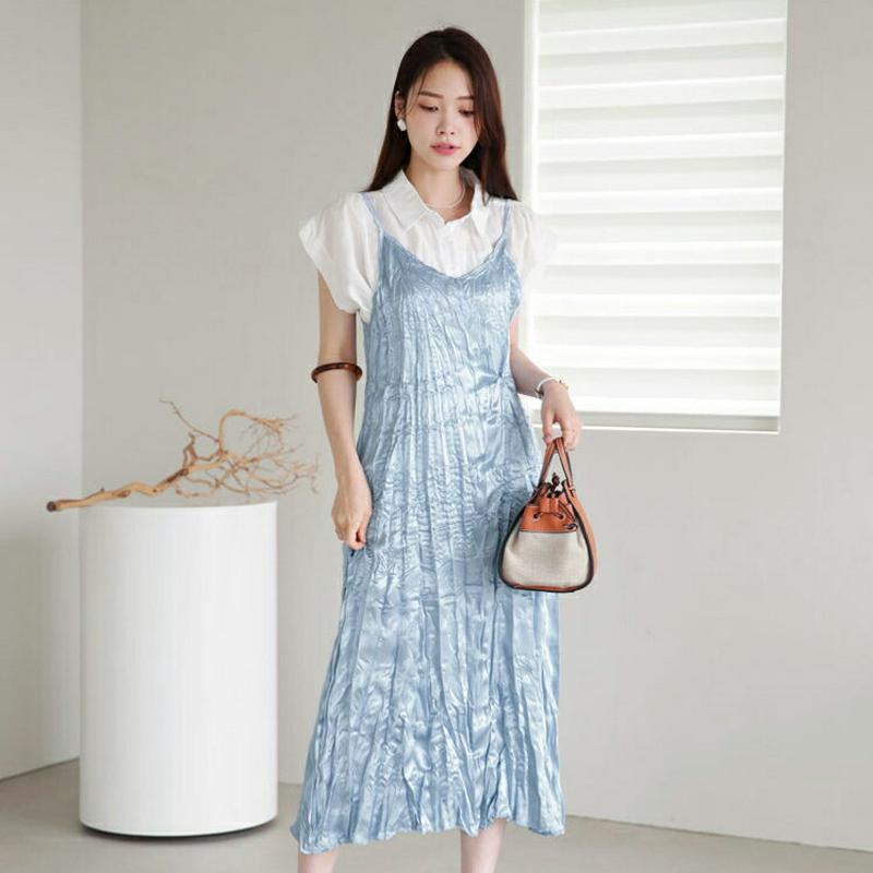 【新作10%OFF】サテンリンクルワンピース・全2色・t63040 レディース【ops】【韓国 ファッション ワンピース ロング