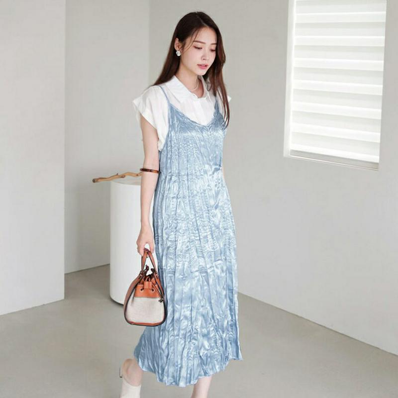 【新作10%OFF】サテンリンクルワンピース・全2色・t63040 レディース【ops】【韓国 ファッション ワンピース ロング