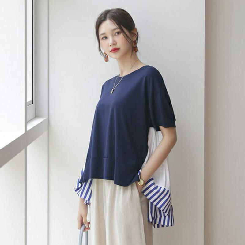 【新作10%OFF】バックプリーツストライプTシャツ・全3色・b56069 レディース【tops】【韓国 ファッション トップス