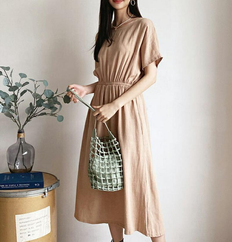 リネン混ウエストゴムワンピース・全3色・b60244 レディース【ops】【韓国 ファッション ワンピース ロング ロングワンピ