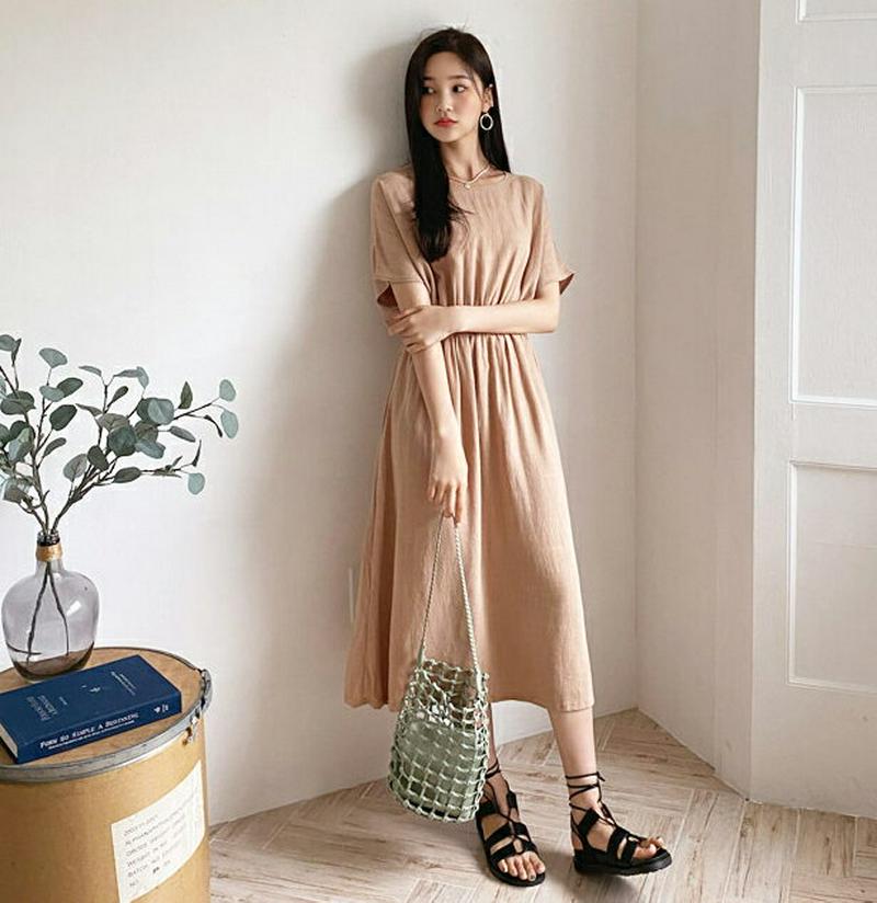 リネン混ウエストゴムワンピース・全3色・b60244 レディース【ops】【韓国 ファッション ワンピース ロング ロングワンピ