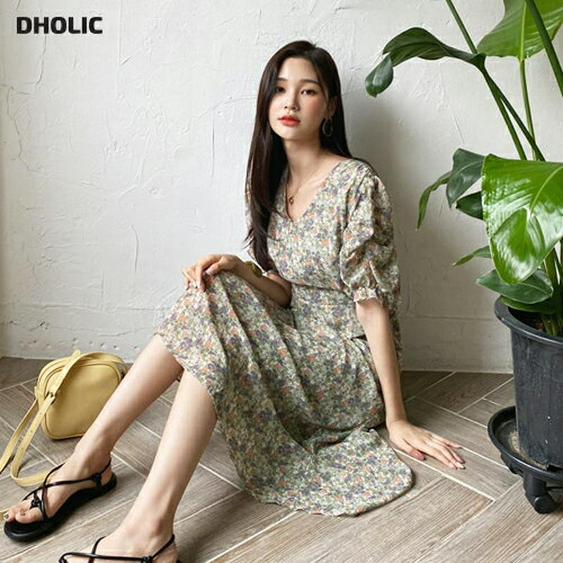 Vネックパフ花柄ワンピース・全2色・e60256 レディース【ops】【韓国 ファッション ロングワンピース Vネック 半袖 ハ