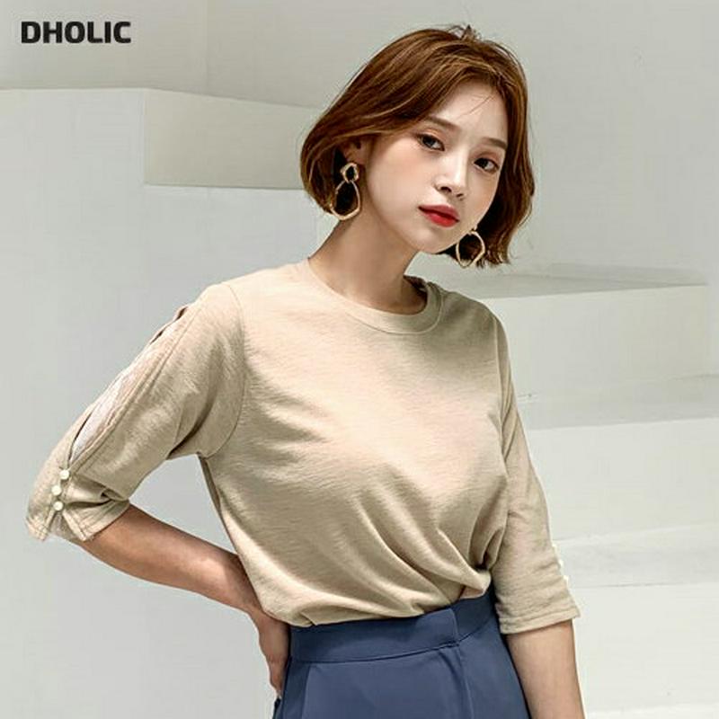 レースパールスリーブTシャツ・全4色・b56443 レディース【tops】【韓国 ファッション トップス Tシャツ 半端丈 七分