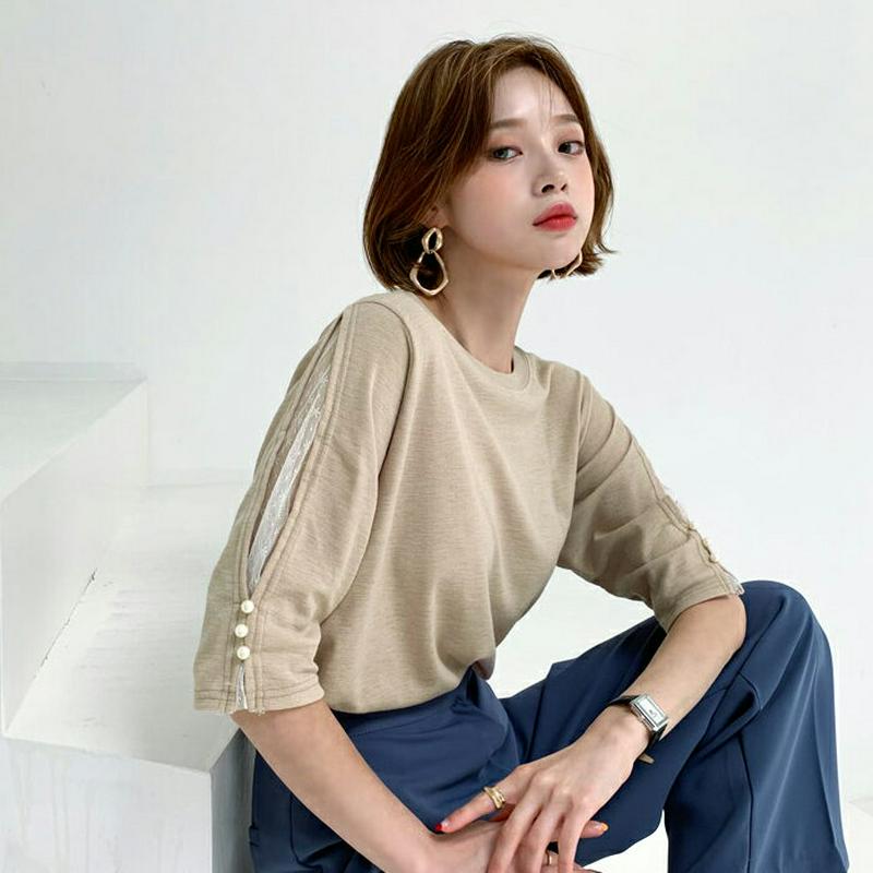 レースパールスリーブTシャツ・全4色・b56443 レディース【tops】【韓国 ファッション トップス Tシャツ 半端丈 七分
