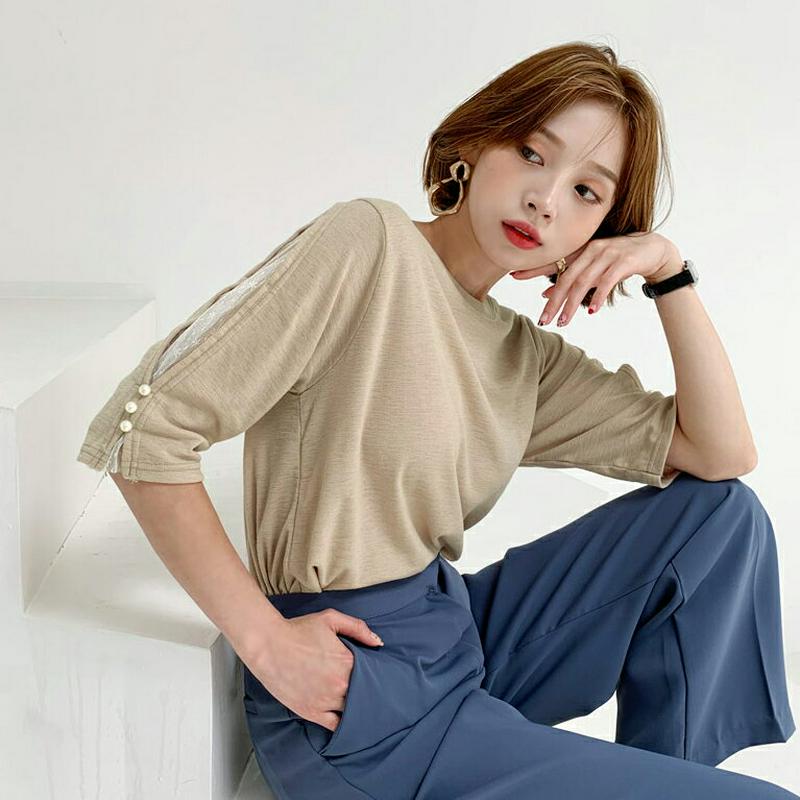 レースパールスリーブTシャツ・全4色・b56443 レディース【tops】【韓国 ファッション トップス Tシャツ 半端丈 七分