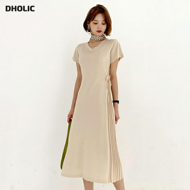 Vネックサイドプリーツワンピース・全2色・b56470 レディース【ops】【韓国 ファッション ワンピース ロング ロングワン