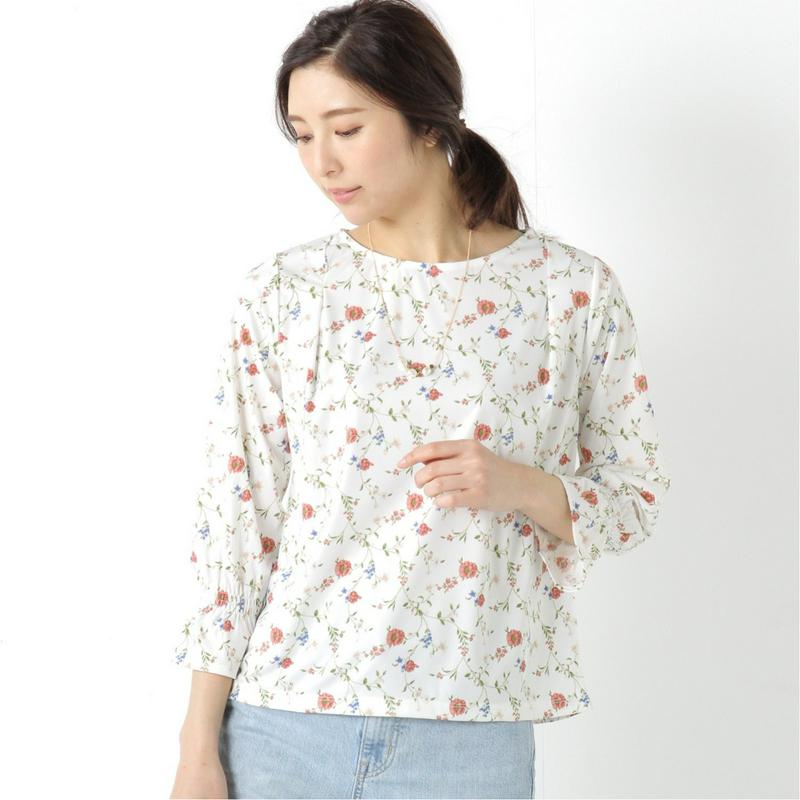 【９／２５販売終了】ネックレス付◎肩タック袖シャーリング花柄カットソープルオーバー（ジボール/GIVORS）